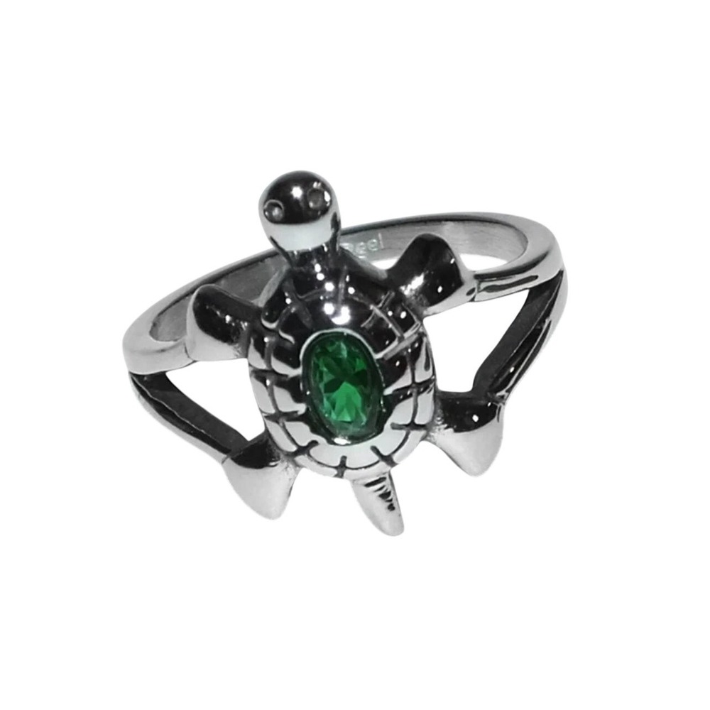 Stainless‎ Steel Sea Turtle Ring Green Stone Silver Tone Size 8 Animal Jewelry